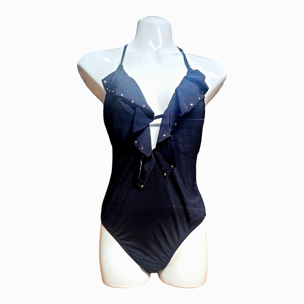 Rampage Black Ruffle Studded One-Piece Swimsuit Size S